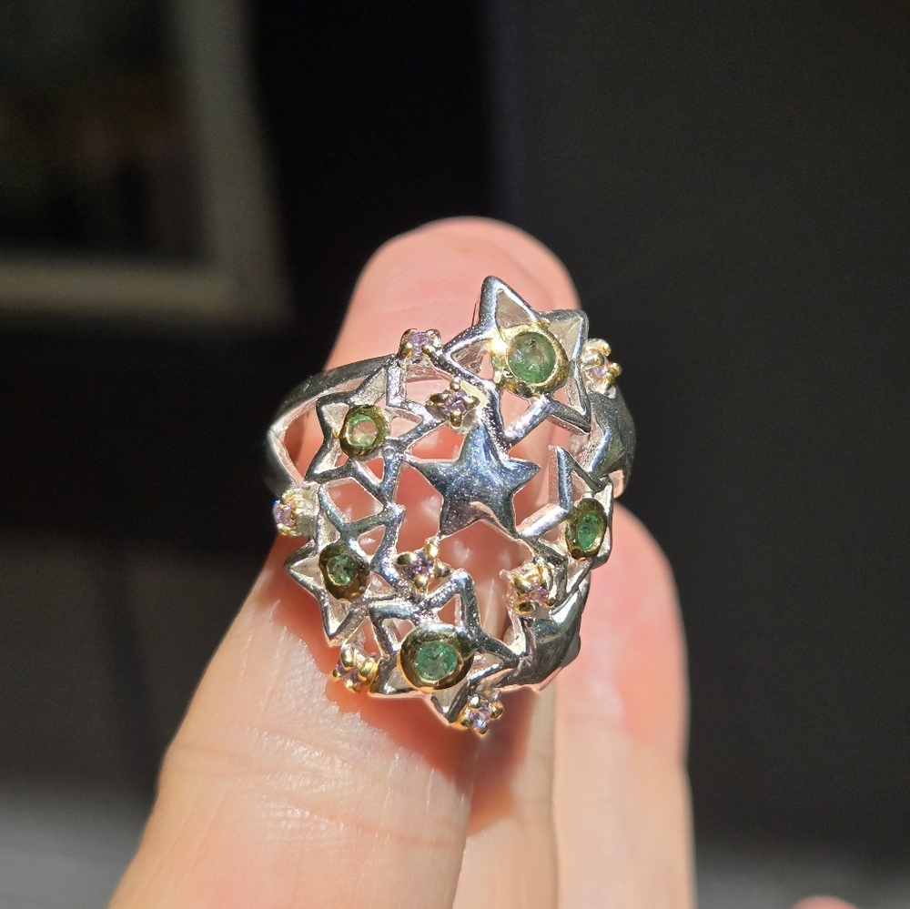 Emerald & Topaz sterling & gold star dome ring sz7.5 - Picture 8 of 12